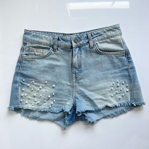 Zara Denim Shorts with Pearl Detail